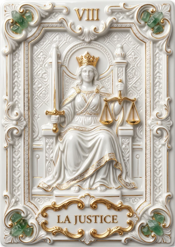 Carte de tarot en porcelaine et or : La Justice