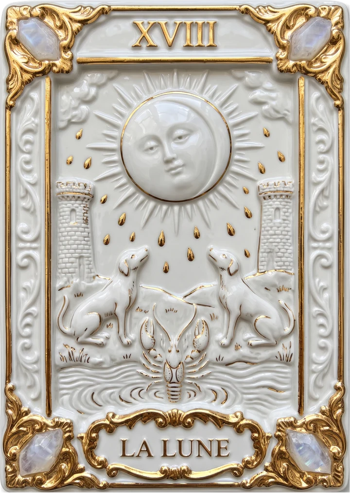 Carte de tarot en porcelaine et or : La Lune