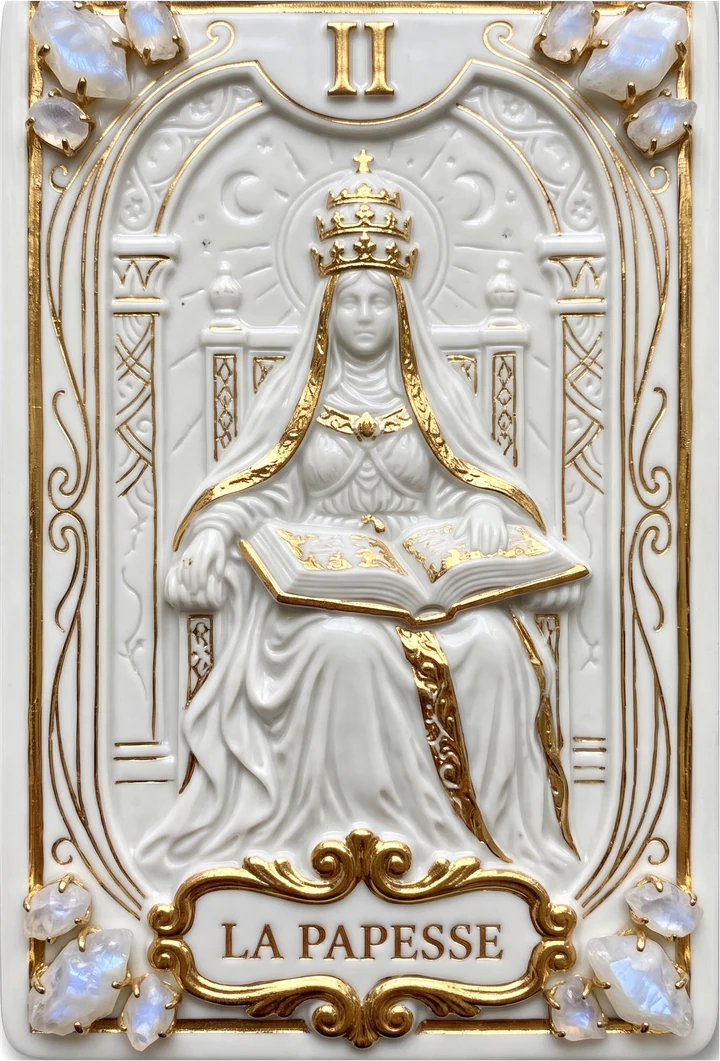 Carte de tarot en porcelaine et or : La Papesse