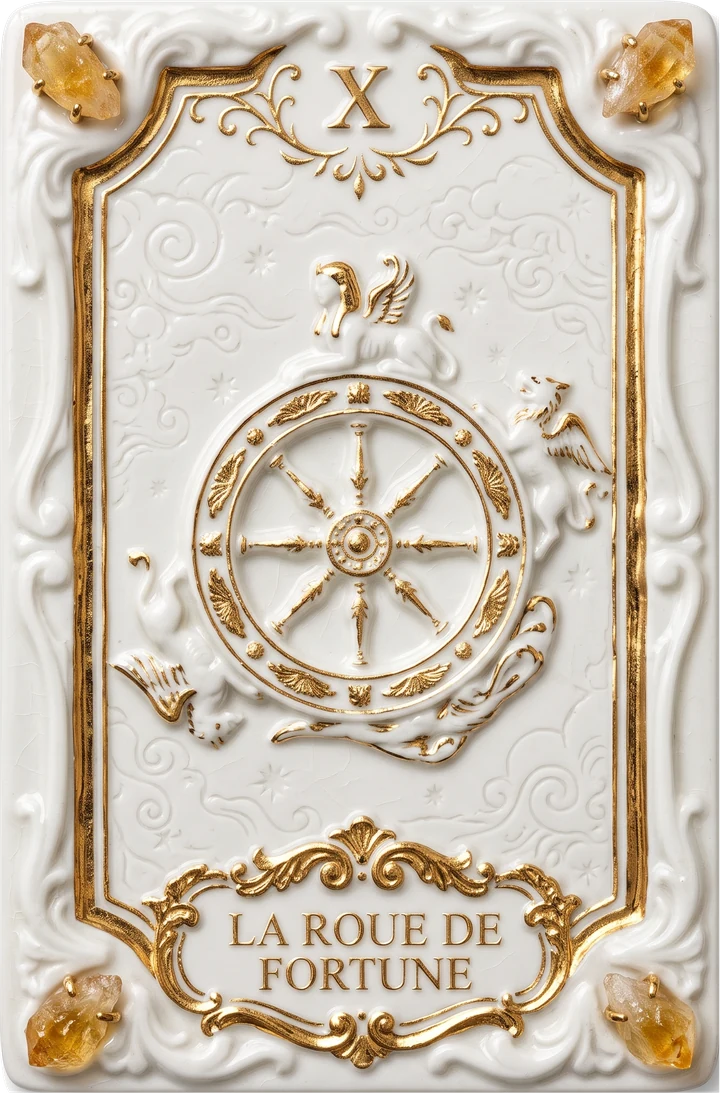 Carte de tarot en porcelaine et or : La Roue de Fortune