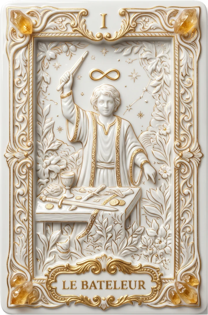 Carte de tarot en porcelaine et or : Le Bateleur