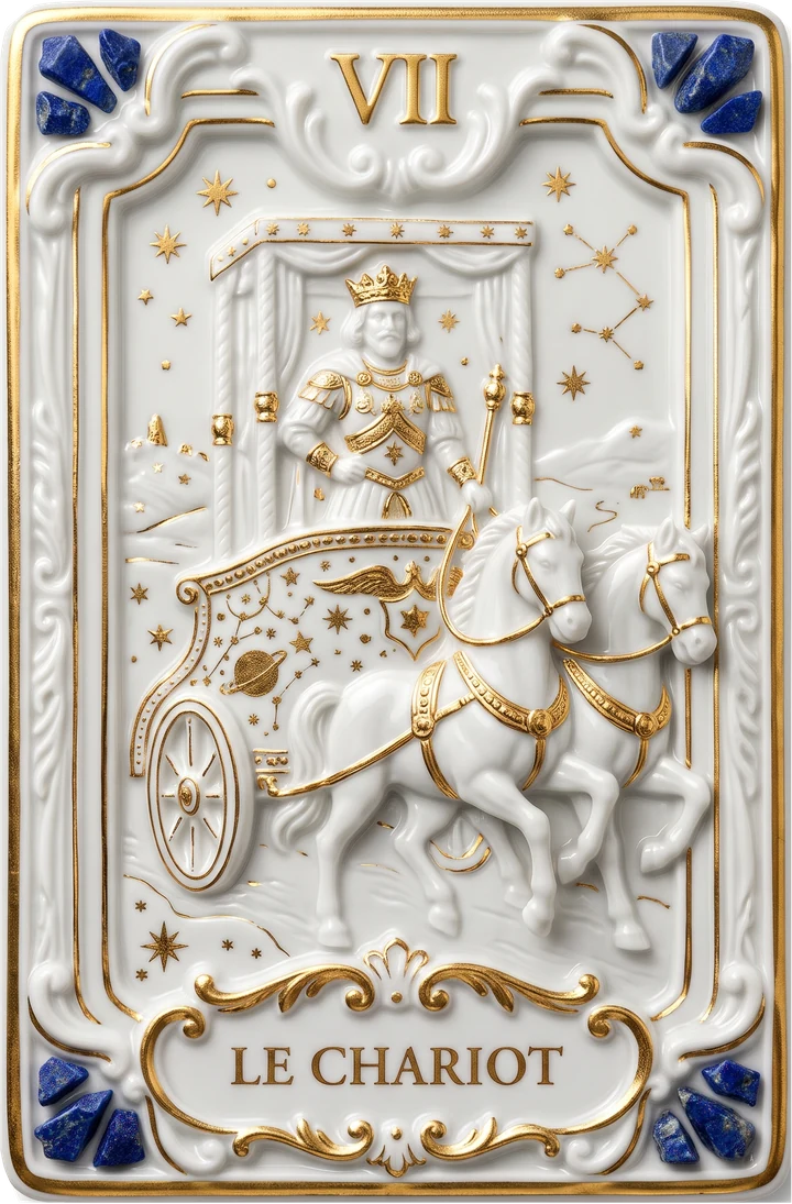 Carte de tarot en porcelaine et or : Le Chariot