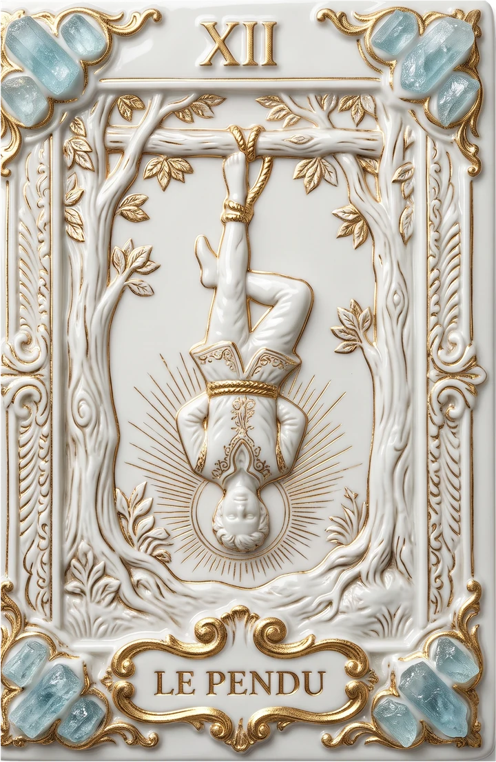 Carte de tarot en porcelaine et or : Le Pendu