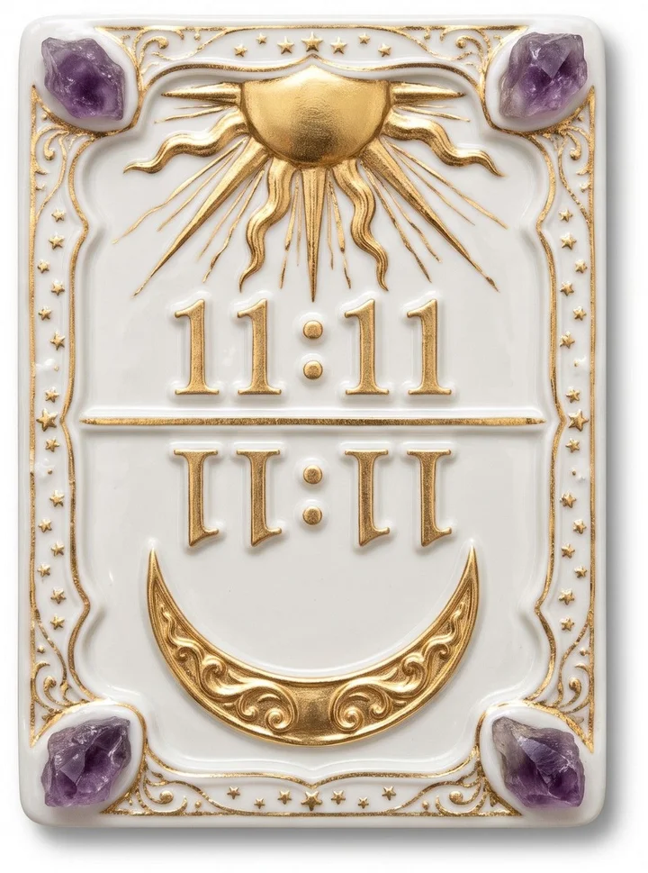 Carte en porcelaine et or de l'heure miroir 11:11, soleil et lune en miroir