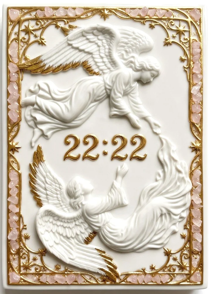 Carte en porcelaine de l'heure miroir 22:22, deux anges en miroir