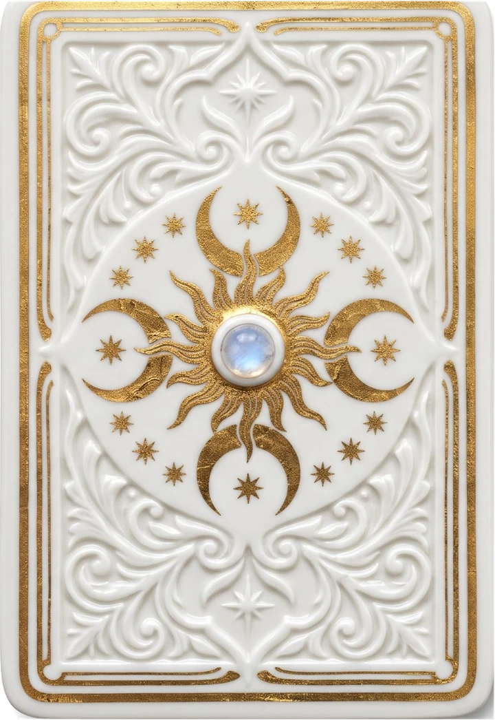 Dos de carte de tarot en porcelaine blanche, soleil et lunes dorés, pierre de lune
